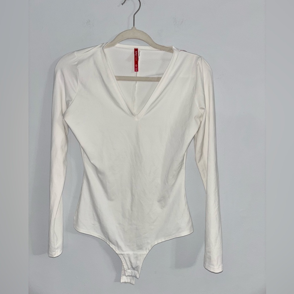 Spanx White Long Sleeve V-Neck Bodysuit Size Small